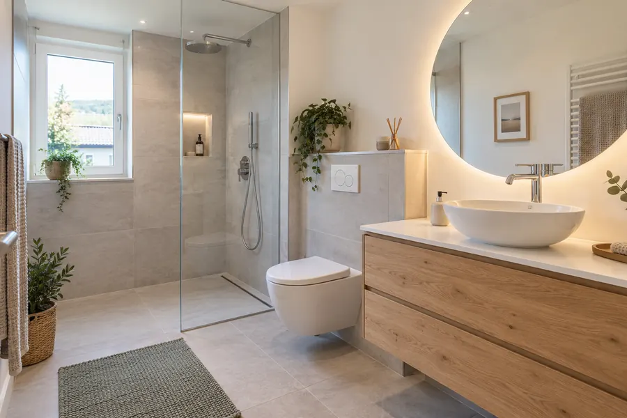 Neu gebautes Badezimmer mit bodenebener Dusche, Waschtisch aus Eichenholz und rundem Spiegel
