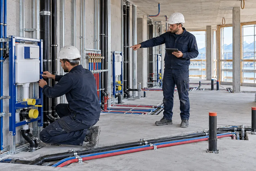Rohinstallation im Neubau: Monteur montiert ein Vorwandelement, Kollege prüft die Leitungsführung